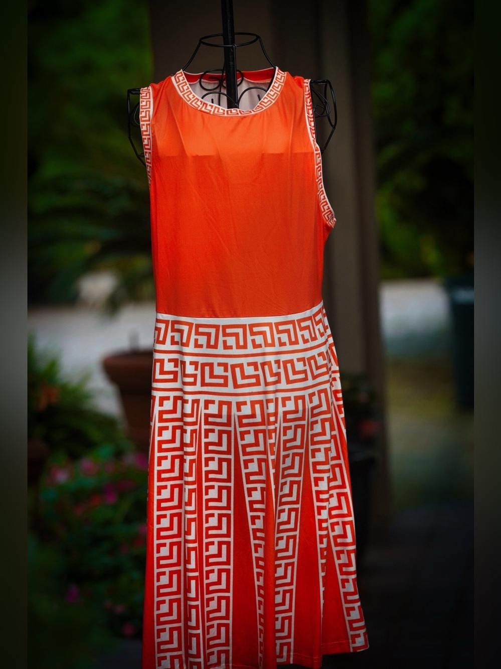 1950s/60s Inspired Orange Greek Key Midi Dress